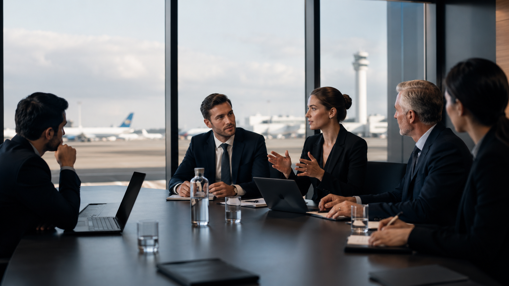 Business meeting room with airport view