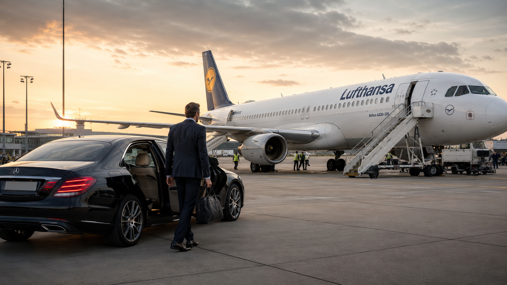 Mercedes limousine arriving beside Lufthansa aircraft